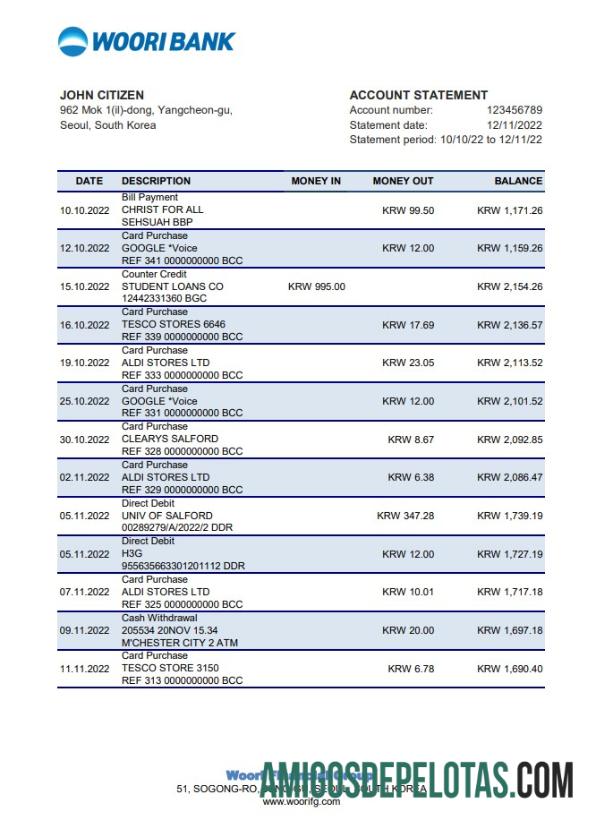 South Korea Woori Bank Statement Xls amostra